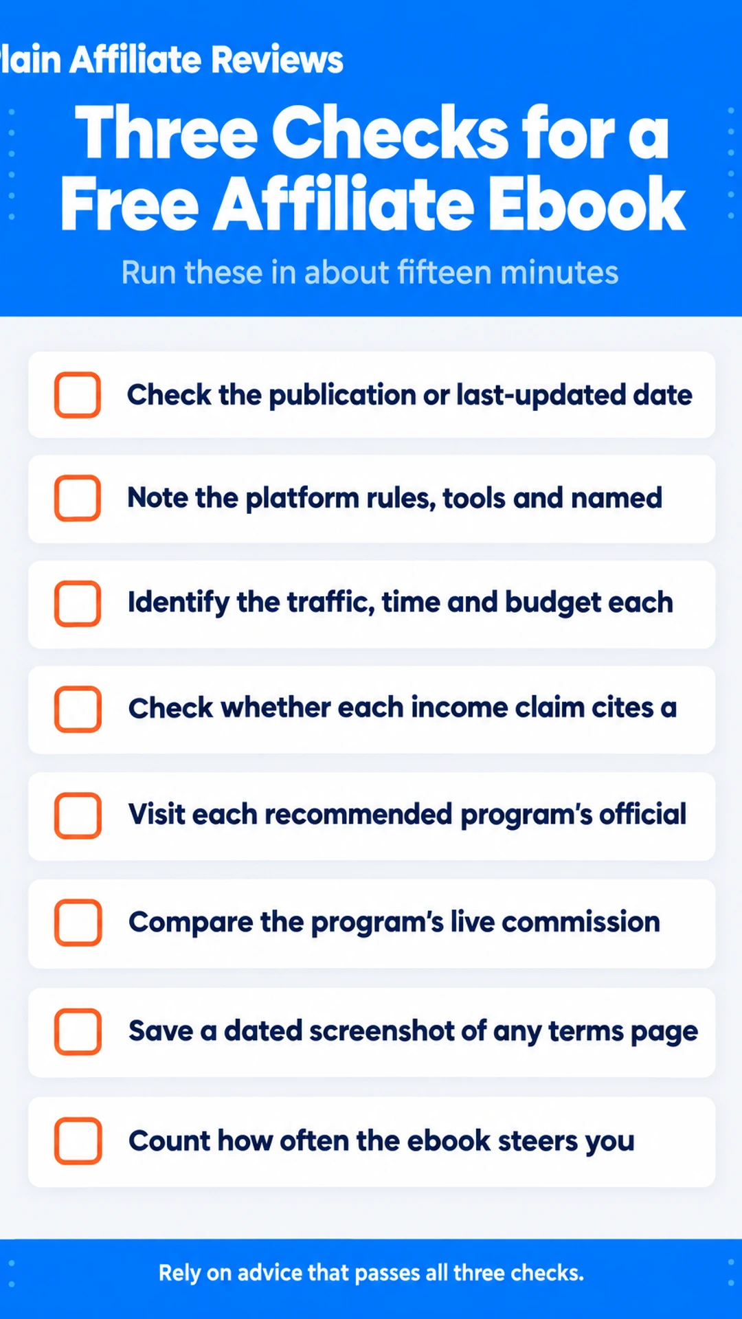 Checklist infographic: Three Checks for a Free Affiliate Ebook. Run these in about fifteen minutes. Check the publication or last-updated date; Note the platform rules, tools and named; Identify the traffic, time and budget each; Check whether each income claim cites a; Visit each recommended
