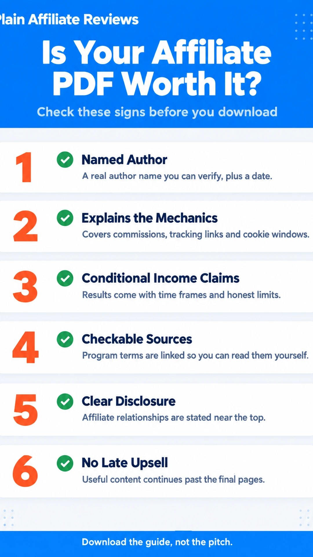 Listicle infographic: Is Your Affiliate PDF Worth It?. Check these signs before you download. 1. Named Author; 2. Explains the Mechanics; 3. Conditional Income Claims; 4. Checkable Sources; 5. Clear Disclosure; 6. No Late Upsell.
